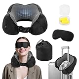 Nackenkissen Flugzeug, Stützendes Nackenhörnchen für Erwachsene, Abnehmbar Reisekissen Memory Foam, Verstellbares Nackenkissen Reise, Ergonomisches mit Ohrstöpseln, Augenmaske,Tragetasche (Schwarz)