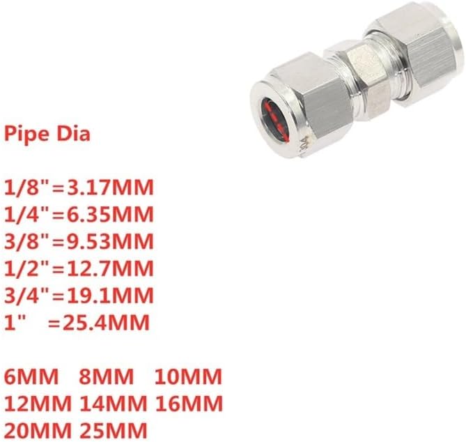 1pcs Variable Dia 3~12mm Pipe OD Double Ferrule Tube Straight Compression Fitting Coupler SS 304 Stainless Steel Pipe Connector(10mm-12mm)