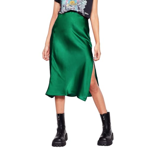 Midi Silk Skirt Women's Spring Summer Satin High Waist Side Split Ruffle A-line Long Skirts