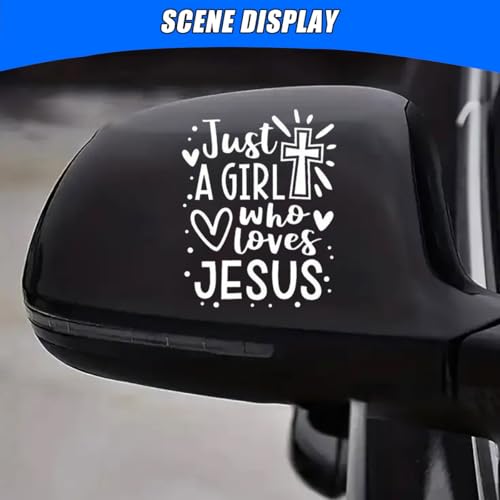 Image of Just A Girl Who Loves Jesus Decal Car Sticker, 6.1 inchx4.6 inch Jesus Cross Vinyl Sticker Car Bumper Decal, Waterproof Auto Exterior Decoration Decals for Cars, Truck, Wall, Window, Laptop (White)