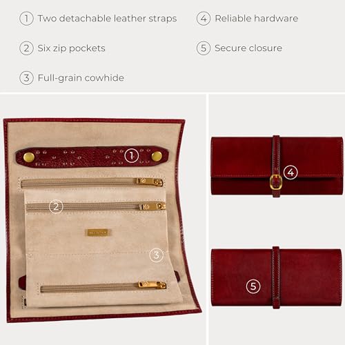 Image of Time Resistance Leather Jewelry Roll - Full Grain Leather Travel Jewelry Case - Jewellery Organizer Made in Italy (Red)
