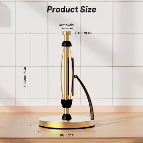 VEHHE Gold Paper Towel Holder Countertop, One-Handed Tear, Stainless Steel, Stand Paper Towel Holder with Spring Activated Arm & Non Slip Weighted Base, for Kitchen Bathroom — view 5