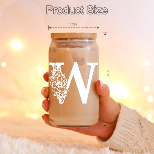 Image of Coolife Initial Glass Cup, Monogrammed Gifts for Women, 16 oz Tumbler w /Lid | Iced Coffee Smoothie Beer Tumbler w /Straw Lid - Personalized Christmas, Birthday Gifts for Woman Her Mom Friend