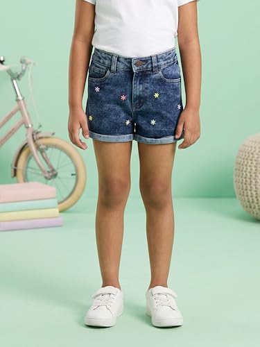 Image of KiddoPanti Girls Tight Length Rollup Denim Shorts with Lavender and Pink 3D Crochet Flowers