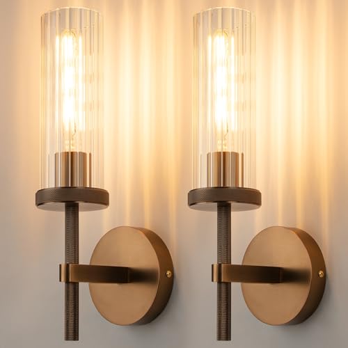 15" Knurled Bronze Hardwired Wall Sconces Set of 2, Bathroom