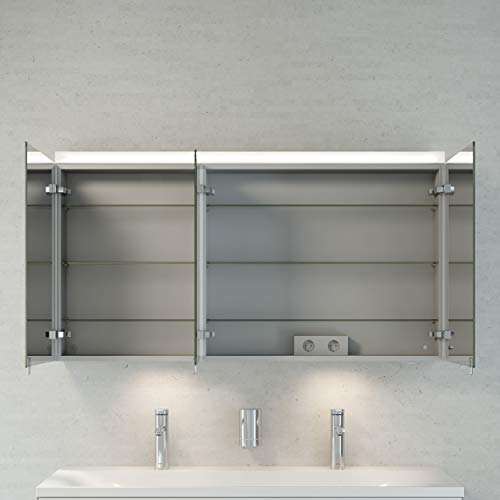 Keuco Badmöbelset mit Doppelwaschtisch, Waschbeckenunterschrank mit Frontauszug, LED Spiegelschrank dimmbar, Badezimmermöbel Set mit Spiegelschrank, 3 Türen, Breite 130 cm Royal Reflex