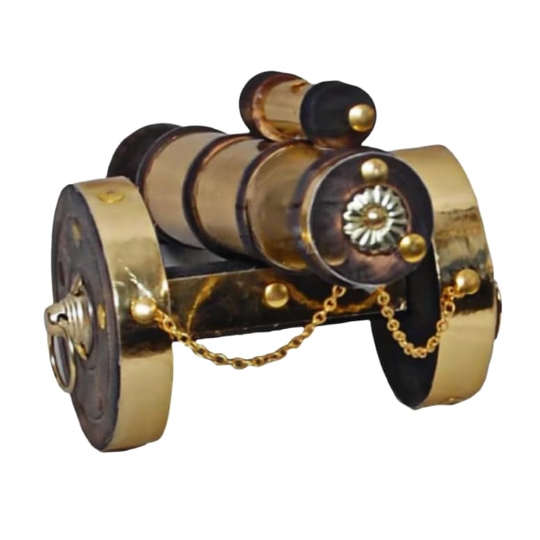 SKETCY WOODSHOP Handcrafted/Home Decor Showpiece/Antique Brass & Wooden Tope (Cannon) / Great Decor Item for Bedroom, Living Room, & Office.