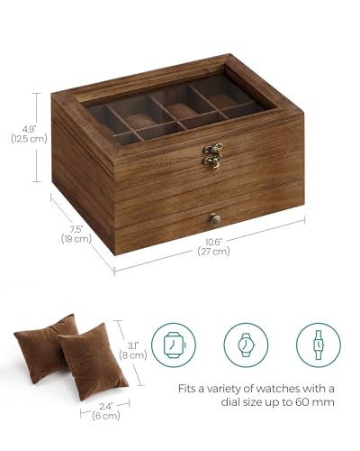 SONGMICS Watch Box with 8 Slots, 2-Tier Wood Watch Case with Large Glass Lid, Watch Pillows, Velvet Lining, Jewellery Box, Gift for Loved Ones, Rustic Walnut JOW008K01 - 5