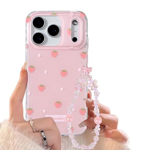 Reownest for iPhone 17 Pro Max Case with Cute Bling Pink Strawberry Flower Pattern Aesthetic Floral Girly Cover Soft TPU Bumper Protective Phone Cases for Women Girls + Beaded Bow Chain