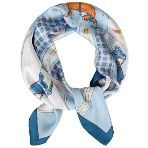 EXTREE Fashion Silky Satin Headscarf for Women Girls: Exquisite Pattern Lightweight Silk Graceful Scarfs 27.5 x 27.5 inches Light Blue Plaid Horse