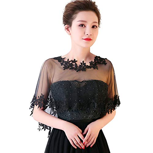 YHUS Damen Spitze Applikationen Schals Braut bestickt Shrug Bolero Cape Schulterdecken Up Abend Prom Party Kleid Hochzeit Braut Cape Schulterdecken Bolero (Schwarz) Cover
