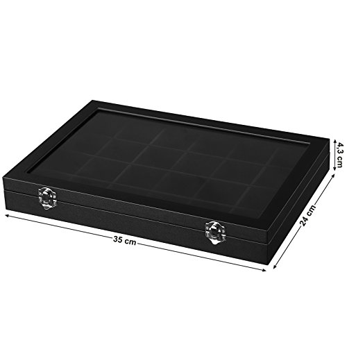 SONGMICS Schmuckladen, 2er Set, Schmuckschatullen mit 24 Fächern, Schmuck-Organizer mit Samtfutter, Glasdeckel und Verschluss, Geschenkidee, 35 x 24 x 4,3 cm, schwarz JDS309BK