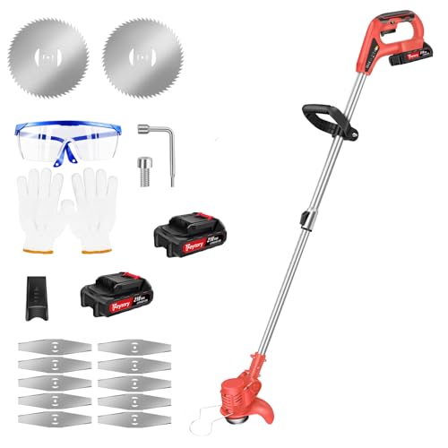 Strimmer Cordless, 21V Electric Grass Trimmer with 2 x 1500mAh Battery and Charger, 10 x Metal Blades, Adjustable Cutting Head Brush Cutter, Telescopic Grass Cutter Machine for Lawn Garden Pruning