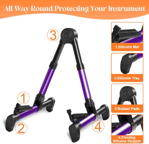 Image of Softline Pro Guitar Stand for Home, Folding Instrument for Acoustic, Electric, Classical Guitars, Violin, Ukulele & Bass, Portable and Lightweight, Easy to fold (SP24-A, Purple)
