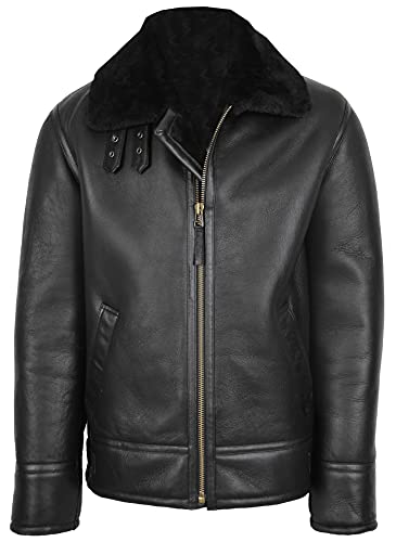 Image of Mens Shearling Aviator Leather Jacket Sheepskin Coat Oscar Black