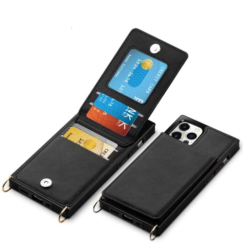 Vofolen Compatible With Iphone 12 Wallet Case Iphone 12 Cover With Credit Card Holder Lanyard Crossbody Strap Leather Magnetic Clasp Kickstand Heavy Duty Protective Square Flip Cover Black #TOP1