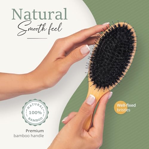 Image of Detangling Boar Bristle Hair Brush Set for Women, Men And Kids With Thick, Long And Curly Hair. Detangles And Restores Shine And Texture To Your Hair. Wooden Comb, Travel Bag & Spa Headband