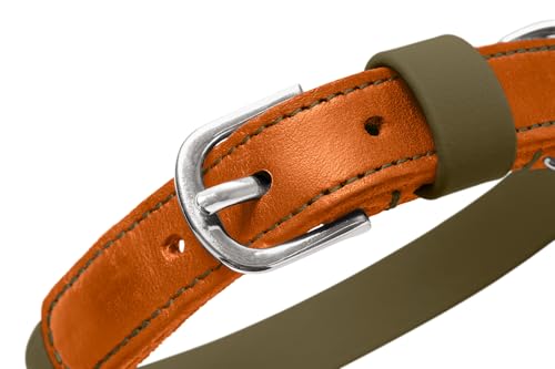 HUNTER Hundehalsband WOLMAR aus BioThane® und Leder, robust, wasserabweisend, pflegeleicht, Kontrastnaht, Made in Germany, Farbe: Khaki/orange, Größe: 55