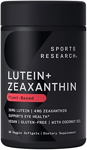 Sports Research Vegan Lutein + Zeaxanthin (20mg) with Organic Coconut Oil for Better Absorption - Supports Vision & Eye Health - Vegan Certified & Non-GMO Verified (30 Softgels)