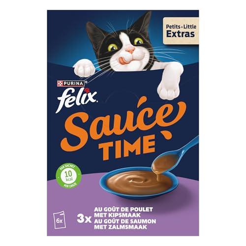 FELIX | Sauce Time | Aliment complémentaire en Sauce irrésistible pour Chat Adulte | Élaboré avec des ingrédients de qualité | Au Poulet, au Saumon |...