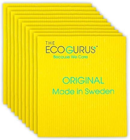 The EcoGurus Premium Swedish Dishcloths for Kitchen (10 x Yellow) Multi-Surface, Cellulose & Cotton, Original Made in Sweden - Eco-Friendly, Reusable, Absorbent, No Odor, Cellulose Sponge Cloths