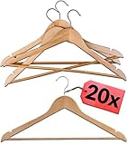 STAR - LINE 20 Kleiderbügel aus Natur Holz mit Steg | 360° Drehbarer Haken mit Hosenstange | Garderobenbügel