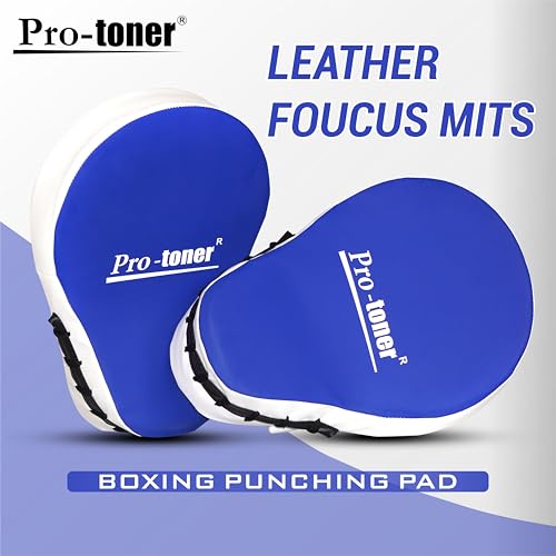 Image of Pro-Toner Boxing Focus Pads, Curved Maya Hide Leather, Hook and Jab Target Hand Pads, Black and White (Blue)