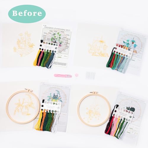 Image of REEWISLY 4 pcs of Embroidery Starter kit with Patterns and Instructions, DIY Adult Beginner Cross Stitch Kits, Including 2 Plastic Embroidery Rings, 1 Pair of Scissors, Colored Threads and Needles