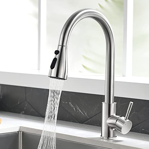ZOOYYUE Grifos Cocina, Grifo Cocina Extraible, 3 Modos de Salida de Agua, Grifos Cocina Fregadero Giratorio de 360°, Acero Inoxidable Cepillado, con Manguera de PEX Caliente y Fría Cover