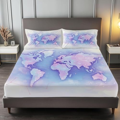 Sabana Bajera 135x190 Mapa del Mundo Sabanas Bajeras Estampadas Constelaciones Sábana Bajera Ajustable Suaves, Elastico Funda Colchon con 2 Funda Almohada 50x80 cm, para Colchón de 30cm de Altura