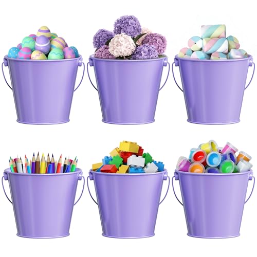 Dominus Decors - Small Metal Buckets with Handles - Rust Resistant Leak-Proof Mini Tin Buckets for Classroom, Party Favors, Organization, Weddings, Gardening - Set of 6, Purple