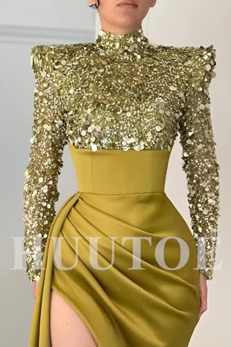 Sequin Long Sleeve Prom Dress Mock Neck Satin Mermaid Ball Gowns for Women Formal Backless Evening Dresses with Slit2