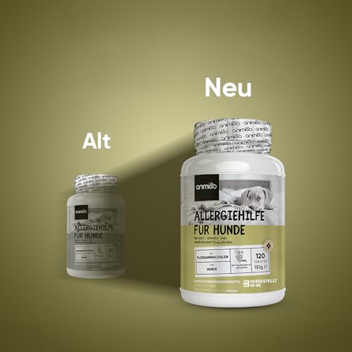 animigo Allergiehilfe für Hunde - 120 Allergie Tabletten für Haut-, Umwelt- & Nahrungsmittelallergien - Mit Kurkuma, Flohsamenschalen, Leinsamen, Traubenkernextrakt, Kürbiskern, Mit Huhn Geschmack