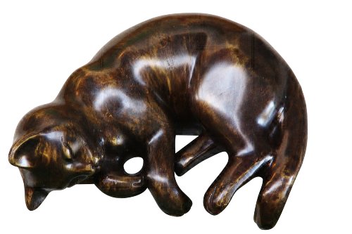 Bronzefigur liegende Katze, Tierfigur aus Bronze, Kantenhocker