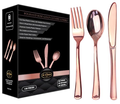120 Piece Rose Gold Plastic Silverware Set - Reusable & Recyclable - Rose Gold Plastic Utensils for Weddings, Anniversaries, Showers, Parties - 40 Forks, 40 Spoons, 40 Knives - Cutlery by JL Prime