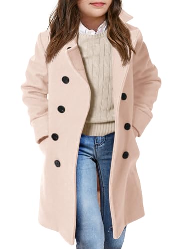 Image of Haloumoning Girls Double Breasted Trench Coat Kids Notch Lapel Long Peacoat with Pockets 5-14 Years