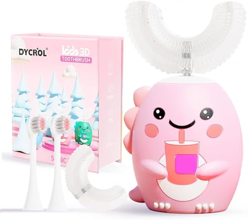 Image of DYCROL Kids U Shaped Electric Toothbrush with 4 Brush Heads, Sonic Toothbrush Kids with 5 Modes, Cartoon Dinosaur 360-Degree Cleaning IPX7 Waterproof Design (6-12 Age (Pink))