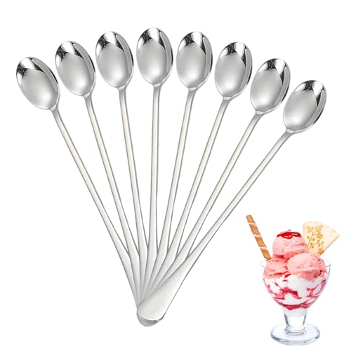 Lot de 8 cuillères longues à mélanger - En acier inoxydable - Avec manche long - 18 cm - Pour thé glacé - Pour la maison, le bar, les boissons, le dessert, le café, le cocktail