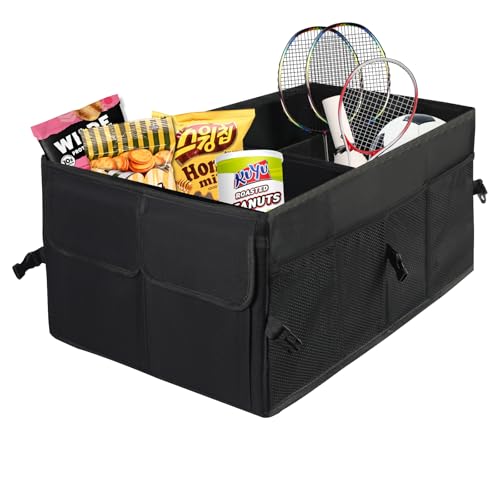 ARANA Car Trunk Organizer and Storage with Lid, Collapsible Car Trunk Organizer for SUV, Sedan, Multi-Compartment cargo organizer with Adjustable Straps - Black, 1 PC
