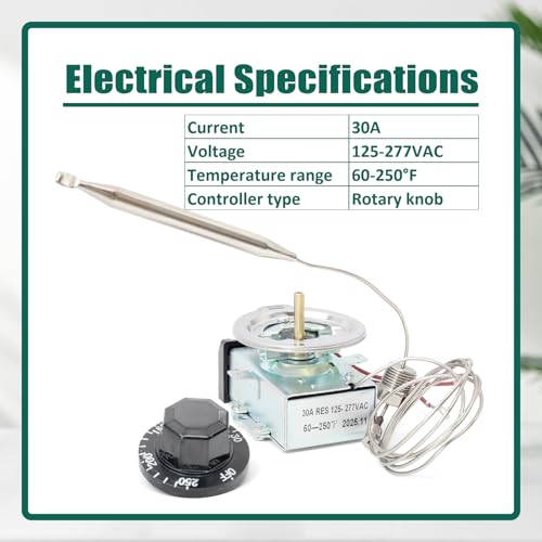 D1/D18 Thermostat Replacement for Steam Table for Buffet Table Temperature Control 30A RES 125-277VAC Temp Range 60-250°F, Temp Controller Replacement Part with 3/8\" X 4-1/2\" Bulb - Thumbnail 7