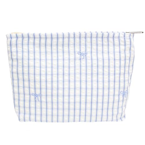 Flat Makeup Bag for Women,Zipper Cosmetic Pouch for Purse,Gingham Butterfly