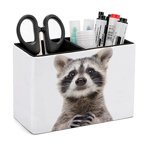 Niapessel Pencil Holder for Desk, Cute Funny Raccoon Pen Holder Storage Desktop Pen Organizer Desk Pencil Organizer Makeup Brush Holder for Office School College Leather