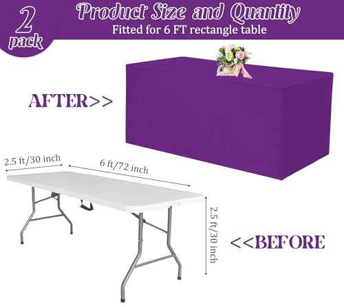 Fivenl 2 Pack Fitted Tablecloths 72 x 30 Inch, Purple Rectangle Table Clothes for 6 Foot Tables, Washable Polyester Fabric Table Cover for Parties, Wedding, Banquet, Trade Show by Fivenl - Used condition - Image 2