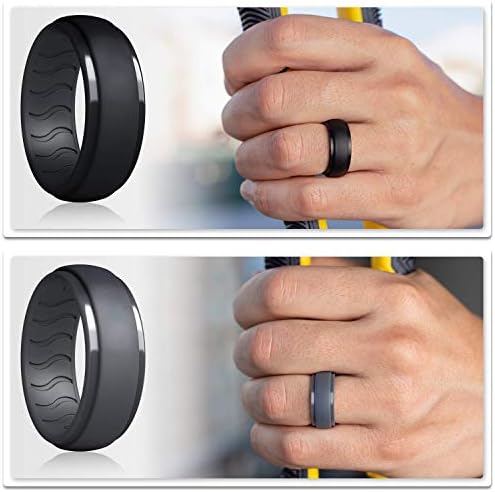 Dookeh Breathable Mens Silicone Wedding Rings, Rubber Ring Bands For Men, Black Blue Camo Engagement Band, Best for Workout, 1-4-7 Pack (W3-Titanium,Dark Gray,Cast Iron,Black, 9) - 2