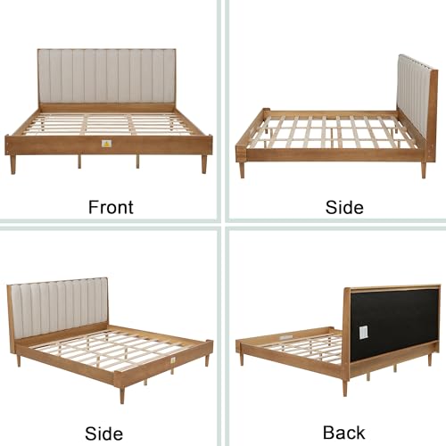 MoproBeti Wood King Size Bed Frame with Upholstered Tufted Headboard, Solid Wood Platform Bed,Mid-Century Style,No Box Spring Required, Easy Assembly,Wheat