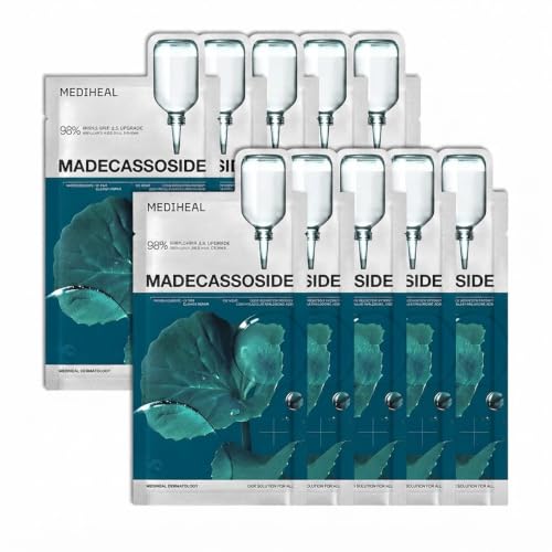 Image of MEDIHEAL Madecassoside Essential Mask Blemish Repair (10 Sheets) Korean Sheet Mask with 98% Purity Madecassoside & Hyaluronic Acid, Redness Relief, Skin Barrier Repair, Deep Hydration, Improves Skin Texture, Vegan Soothing Facial Mask