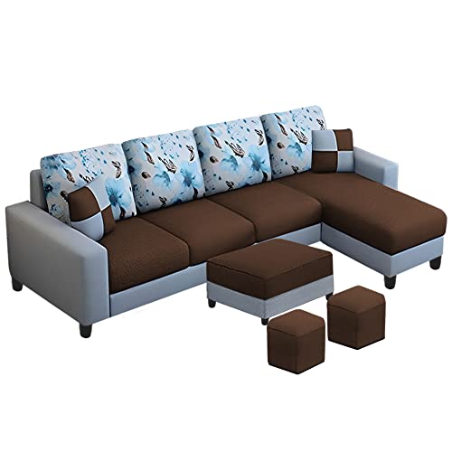 Image of Orland 8 Seater RHS L Shape Sofa with Center Table & 2 Puffy | Color - (Brown Grey Fabric)