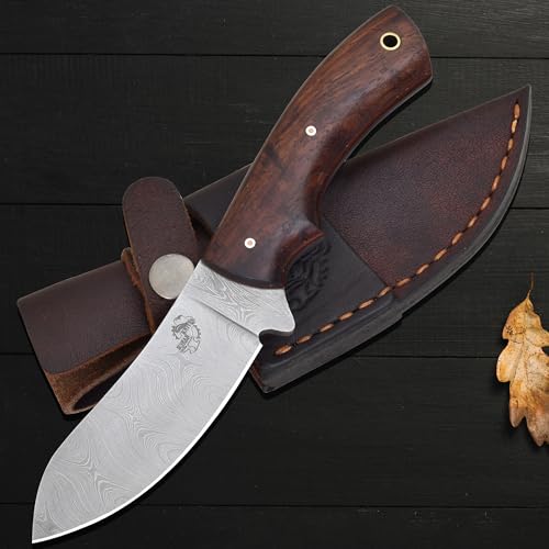 Knives Ranch Damascus Hunting Knife-Damascus Steel-Excellent Edge Retention-Rosewood Handle-Genuine leather