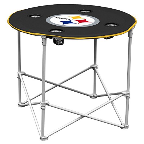 NFL Logo Brands Pittsburgh Steelers Collapsible Round Table with 4 Cup Holders and Carry Bag, Team Color