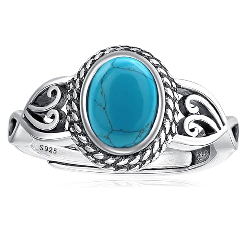La mejor selección de Anillos de Turquesa del mes. 47 AVECON - Anillos ajustables para mujer, anillos de plata de ley 925 para mujer, anillos clásico con 6 x 8 mm, ovalados de color turquesa, turquesa, piedra lunar, ópalo para...